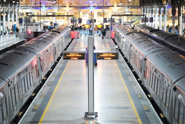 Empty platforms at Paddington station in London, during a strike by train driver members of Aslef and the RMT (James Manning/PA)