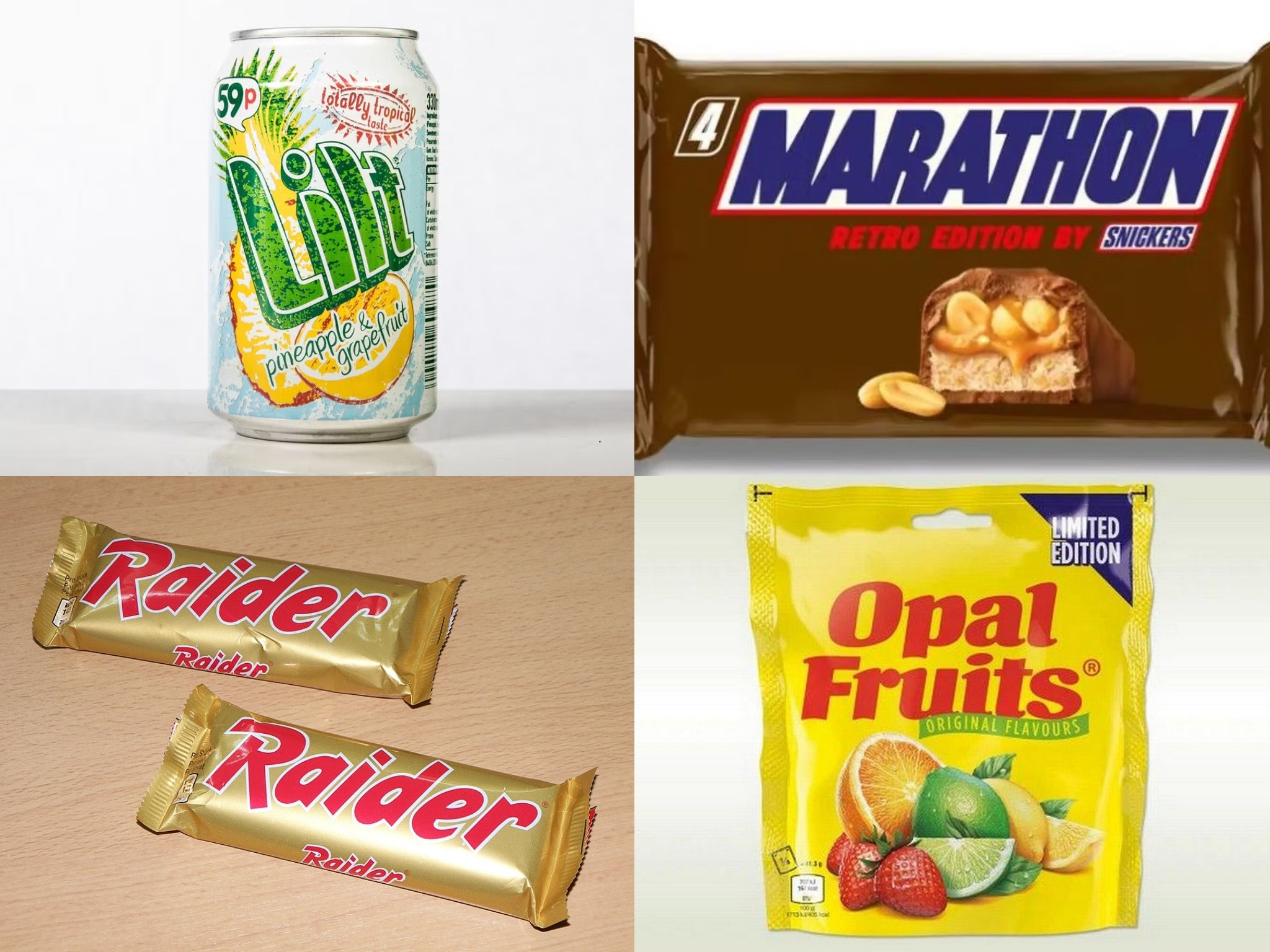 Clockwise from top left: Lilt, Marathon, Opal Fruits and Raider bars