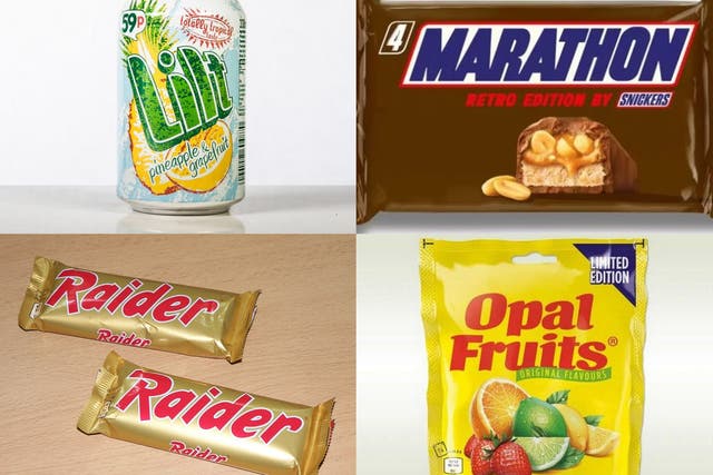 <p>Clockwise from top left: Lilt, Marathon, Opal Fruits and Raider bars</p>