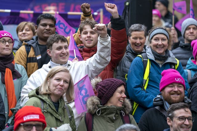 Members and supporters of the University and College Union (UCU) Scotland during a rally at Buchanan Street in Glasgow (Jane Barlow/PA)