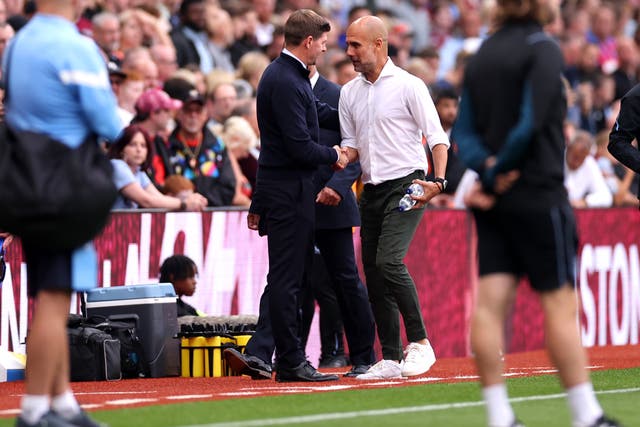 <p>Steven Gerrard and Pep Guardiola on the touchline in September</p>