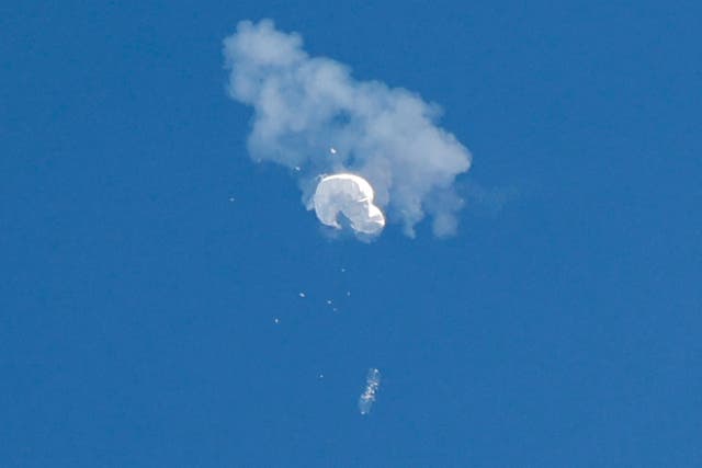 <p>File. The suspected Chinese spy balloon drifts to the ocean after being shot down off the coast in Surfside Beach, South Carolina, US 4 February 2023</p>