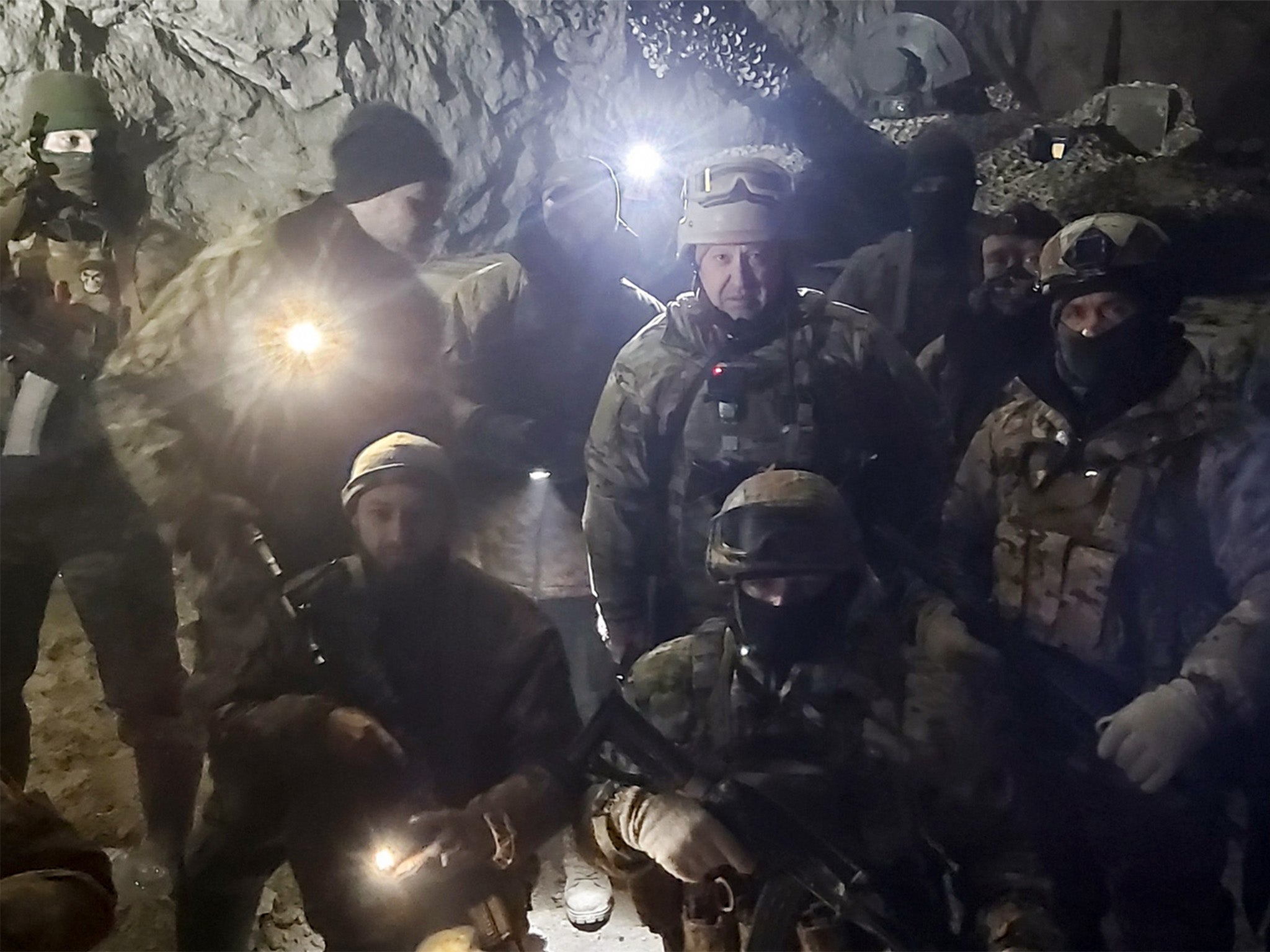 Wagner fighters in a Soledar salt mine after Prigozhin claimed to have taken the town