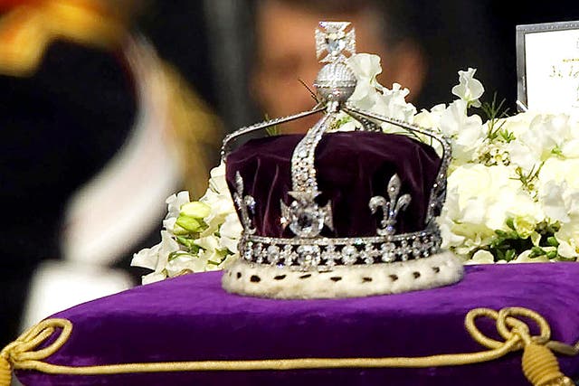 <p>In this 5 April 2002 photo, The Koh-i-noor, or “mountain of light,” diamond, set in the Maltese Cross in the platinum crown which was made for the wife of King George VI, Queen Elizabeth the Queen Mother, in the 1930s.</p>