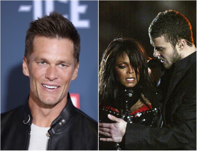 <p>Tom Brady (left) and Janet Jackson and Justin Timberlake performing at the 2004 Super Bowl (right)</p>