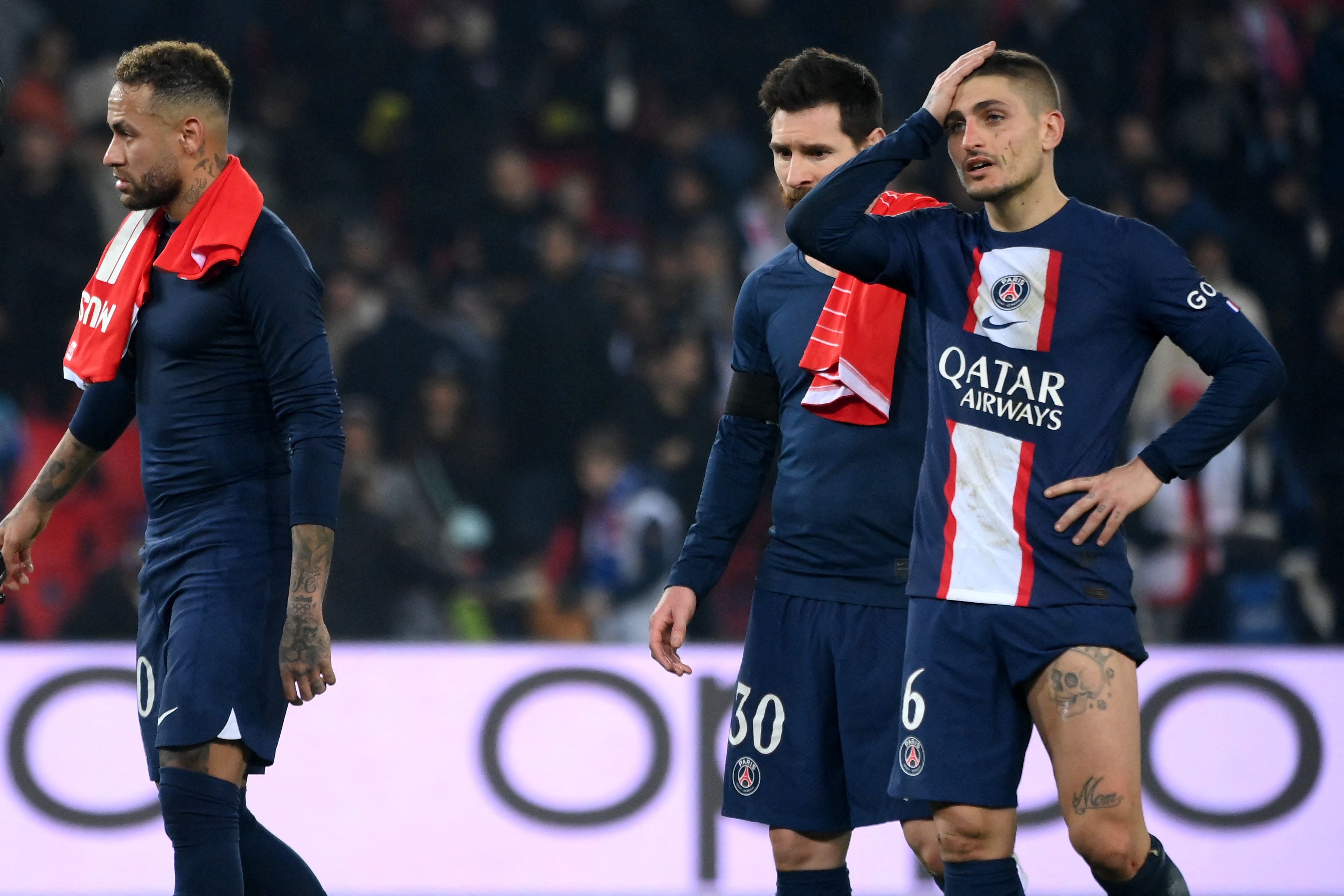 PSG players react at full-time following the defeat