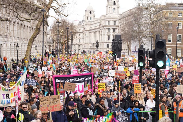 EDITORS NOTE LANGUAGE Members of the National Education Union (NEU) gathered in Whitehall, London, for rally against the Government’s controversial plans for a new law on minimum service levels during strikes. Picture date: Wednesday February 1, 2023.