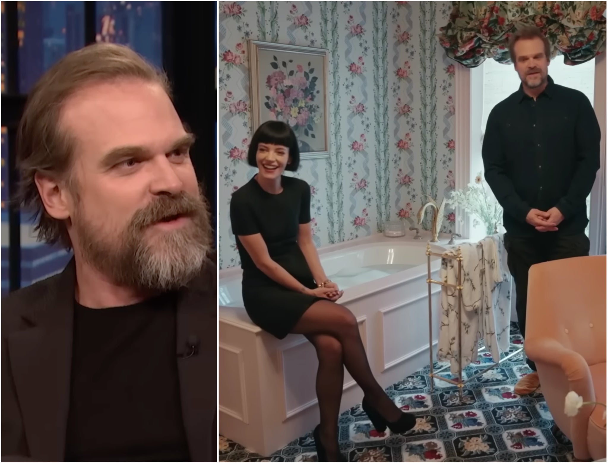 David Harbour (left) and with his wife Lily Allen (right) during their home tour for Architectural Digest