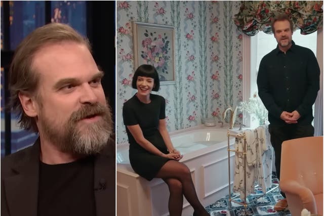 <p>David Harbour (left) and with his wife Lily Allen (right) during their home tour for Architectural Digest</p>