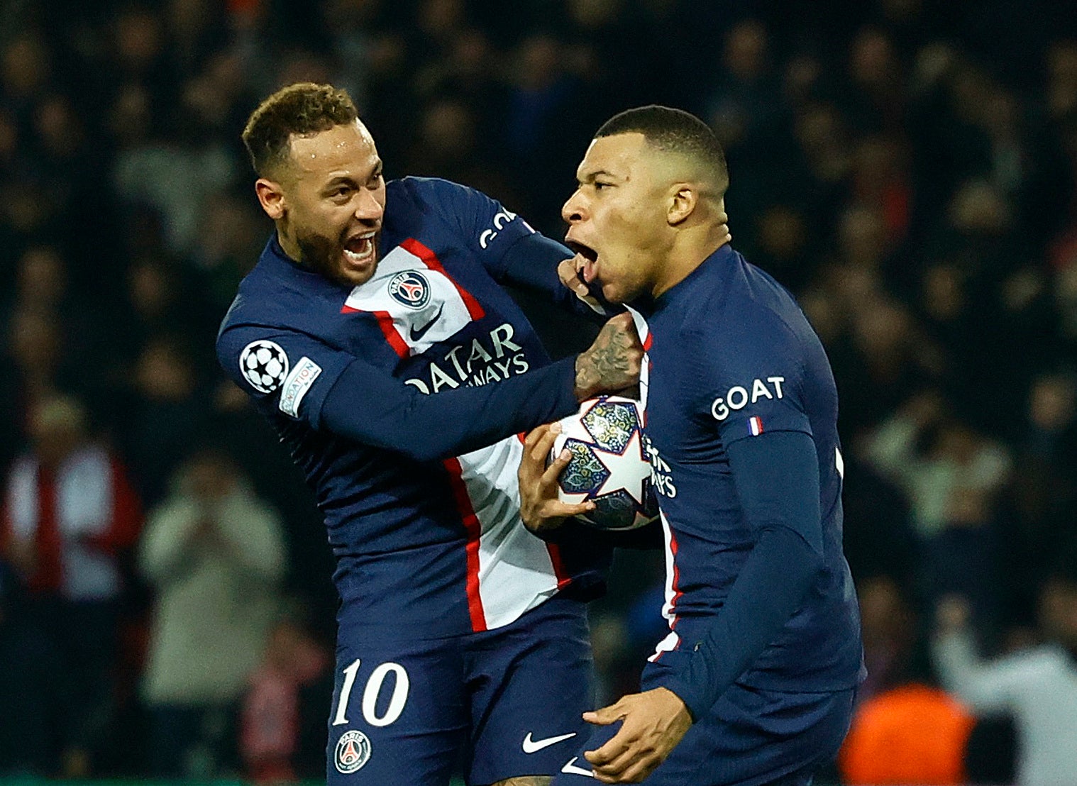 Neymar and Kylian Mbappe celebrate what would turn out to be a disallowed goal