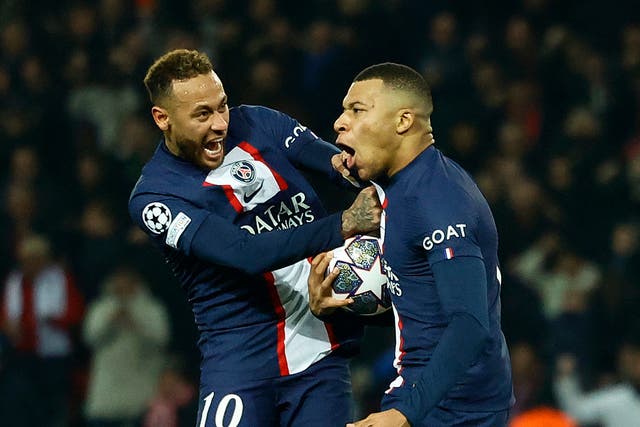 <p>Neymar and Kylian Mbappe celebrate what would turn out to be a disallowed goal</p>