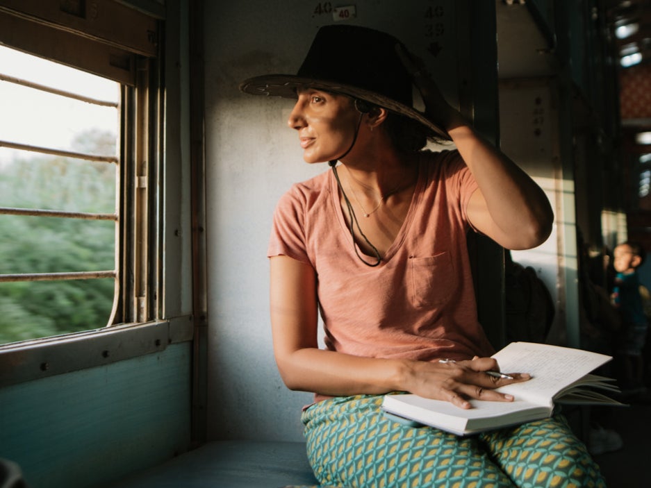 Wander woman: Monisha Rajesh on a train in India
