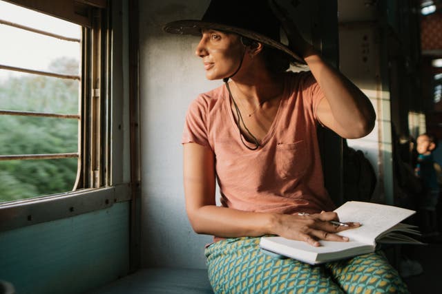 <p>Wander woman: Monisha Rajesh on a train in India</p>