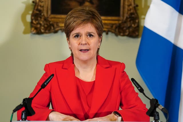 <p>Nicola Sturgeon speaking during a press conference at Bute House </p>