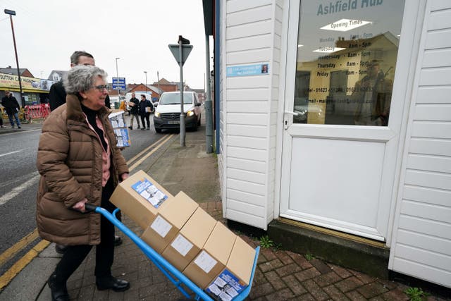 Baroness Kath Pinnock attempted to deliver the posters to Lee Anderson MP’s constituency office in Sutton-in-Ashfield, Nottinghamshire, on Wednesday (Jacob King/PA)