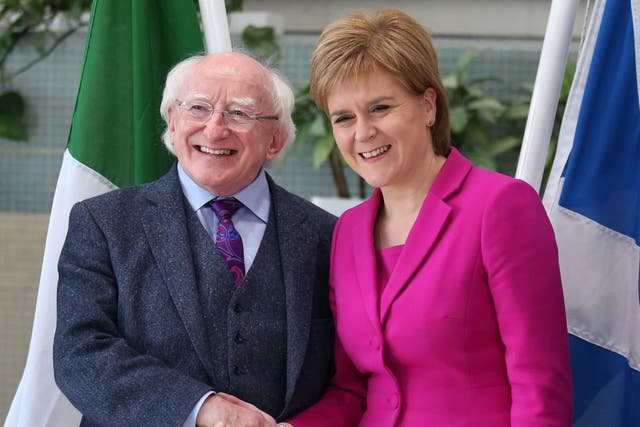 Scotland’s First Minister Nicola Sturgeon meeting the President of Ireland, Michael D Higgins at the Scottish Government building at Atlantic quay in Glasgow, on the first day of his visit to Scotland (Andrew Milligan/PA)
