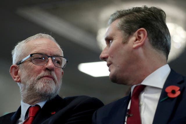 <p>Frenemies: Corbyn Starmer attend an election campaign meeting in 2019</p>