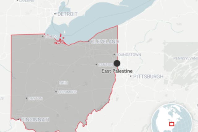 <p>A map shows where a train derailed in East Palestine, Ohio, on 3 February</p>