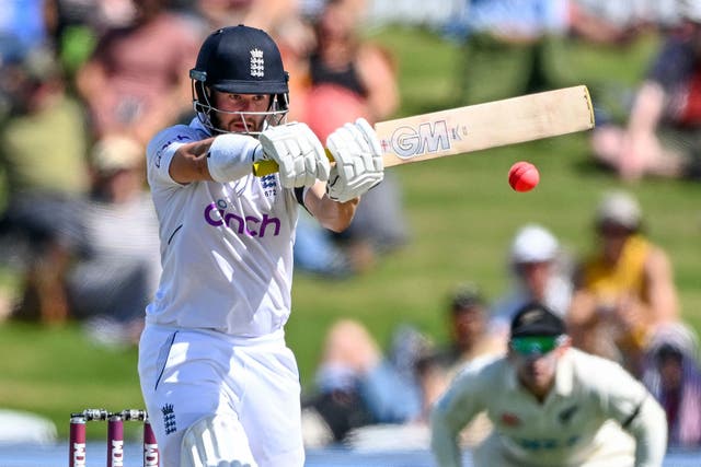 England’s Ben Duckett bats against New Zealand on the first day of their cricket test match in Tauranga, New Zealand, Thursday, Feb. 16, 2023. (Andrew Cornaga/Photosport via AP)