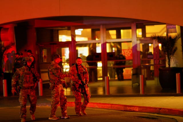 <p>Law enforcement members are seen outside the Cielo Vista Mall after the shooting</p>