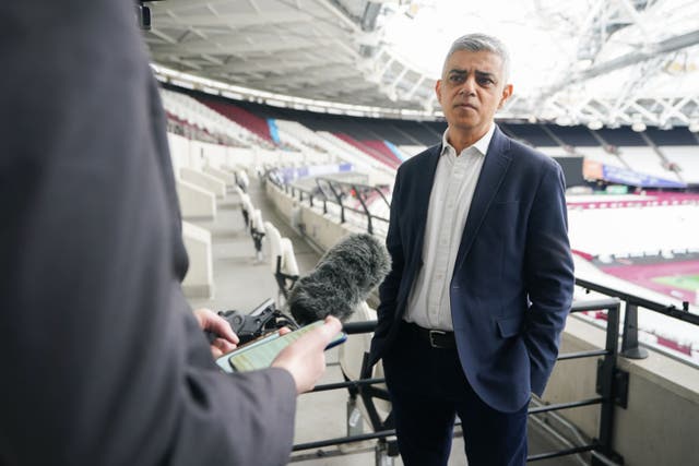 Mayor of London Sadiq Khan talks to the media during a visit to a Hope Hack event at London Stadium (James Manning/PA)