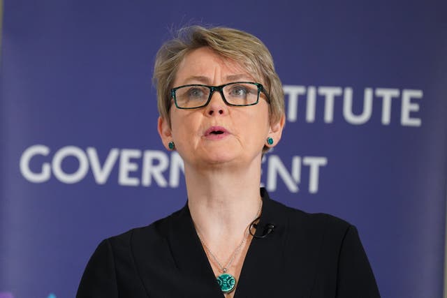 Shadow home secretary Yvette Cooper delivers a speech at the Institute for Government, central London, to outline the Labour party’s plans on law and order and her priorities for the Home Office should Labour win the next general election (Stefan Rousseau/PA)