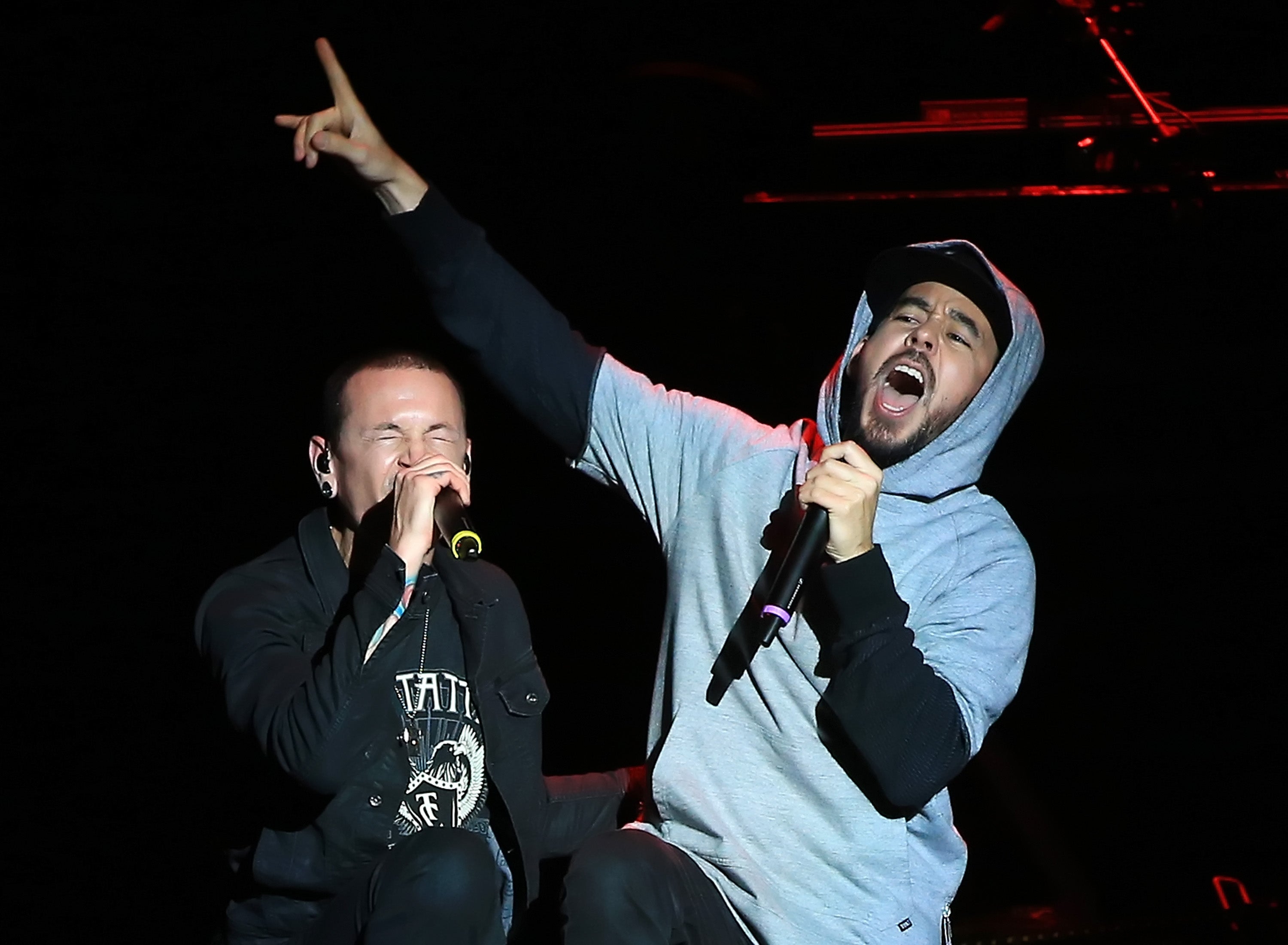 <p>Chester Bennington and Mike Shinoda of Linkin Park perform onstage in 2015</p>
