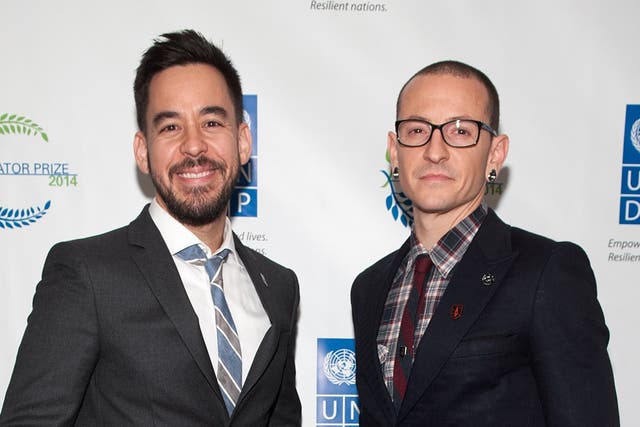 <p>Mike Shinoda and Chester Bennington of Linkin Park attend the United Nations 2014 Equator Prize Gala at Avery Fisher Hall, Lincoln Center on September 22, 2014</p>