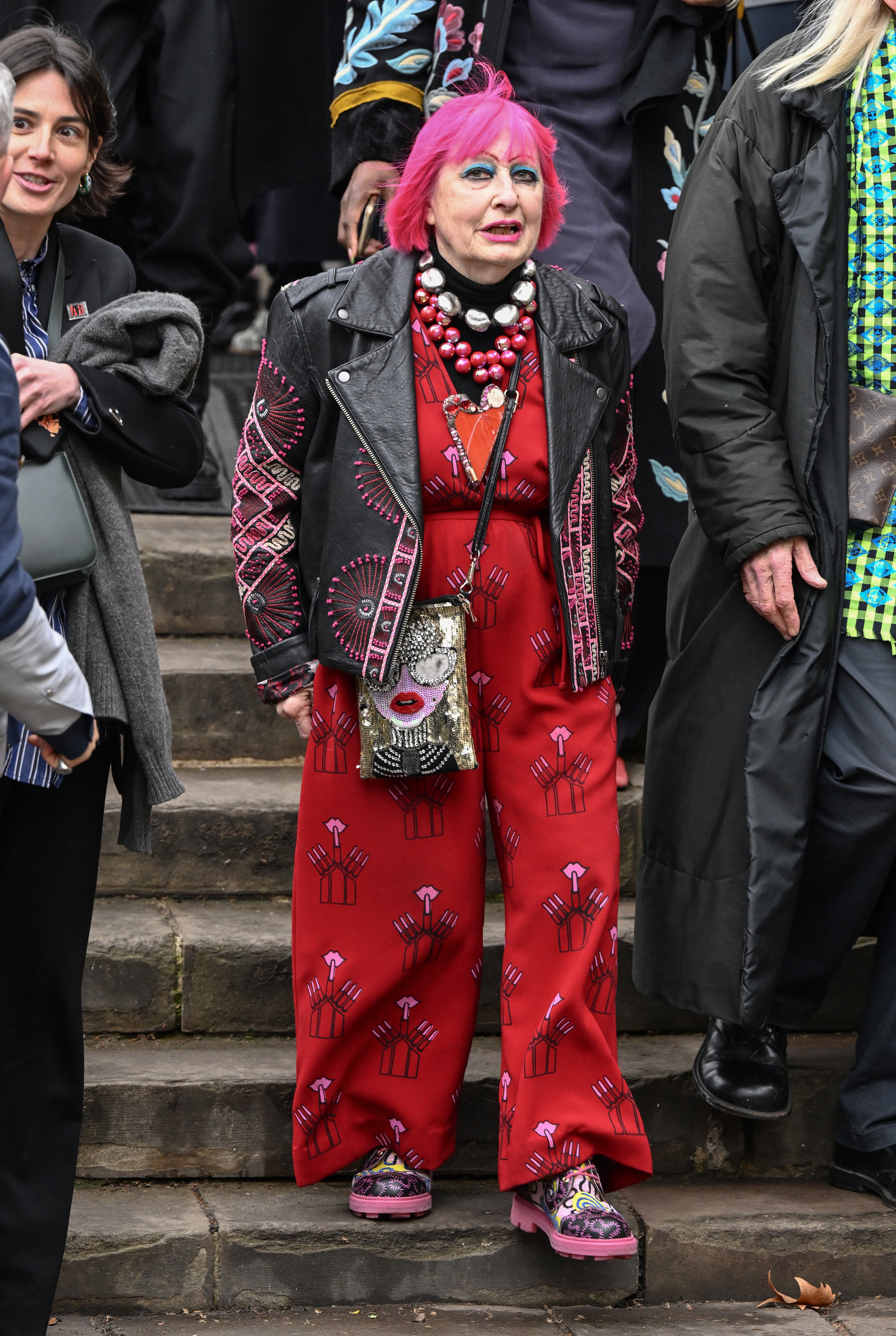 Dame Zandra Rhodes attends a memorial service to honour and celebrate the life of Dame Vivienne Westwood at Southwark Cathedral on February 16, 2023