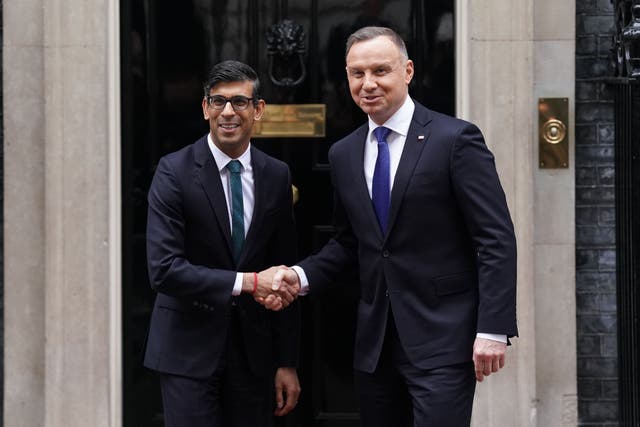 Prime Minister Rishi Sunak welcomed President Andrzej Duda of Poland to Downing Street (Kirsty O’Connor/PA)