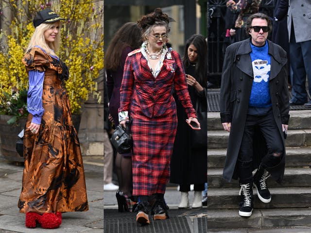 <p>From left to right: Paloma Faith, Helena Bonham-Carter and Jonathan Ross wear Vivienne Westwood designs to her memorial</p>