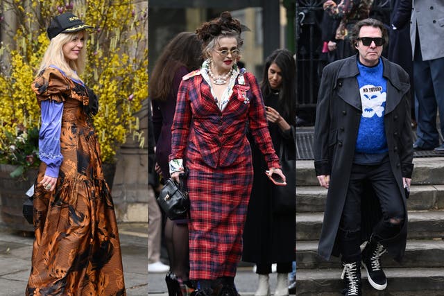 <p>From left to right: Paloma Faith, Helena Bonham-Carter and Jonathan Ross wear Vivienne Westwood designs to her memorial</p>