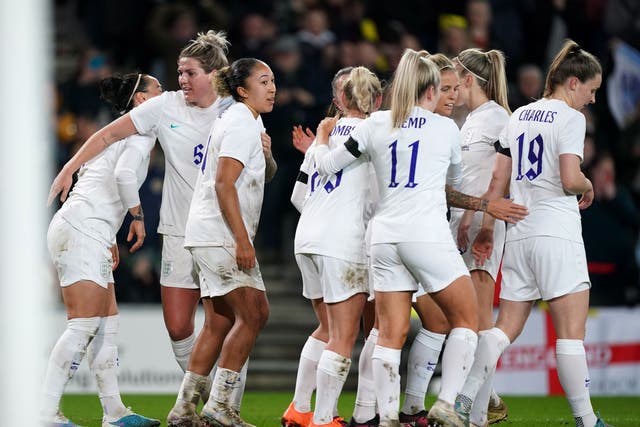 England’s Lauren James (third left) celebrates with team-mates (Mike Egerton/PA)