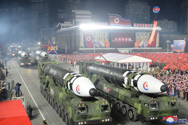 <p>his photo provided by the North Korean government, shows what it says is Hwasong-17 intercontinental ballistic missiles on 8 February </p>