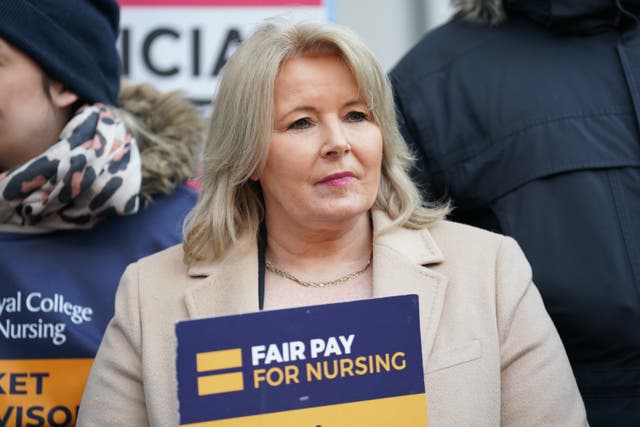 Royal College of Nursing (RCN) general secretary Pat Cullen on the picket line outside Great Ormond Street Hospital in London during a strike by nurses and ambulance staff (Kirsty O’Connor/PA)