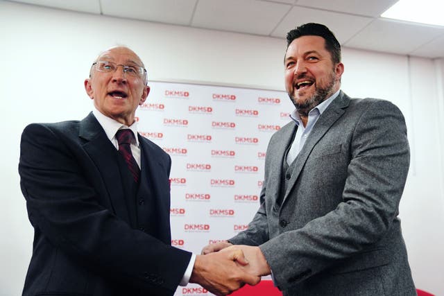 Acute myeloid leukaemia (AML) patient Ivor Godfrey-Davis (left), 73, from Andover, Hampshire, with his blood stem cell donor, Mark Jones, 54, from Witham, Essex, as they meet for the first time after the life-saving donation, at the offices of DKMS in London (Victoria Jones/PA)