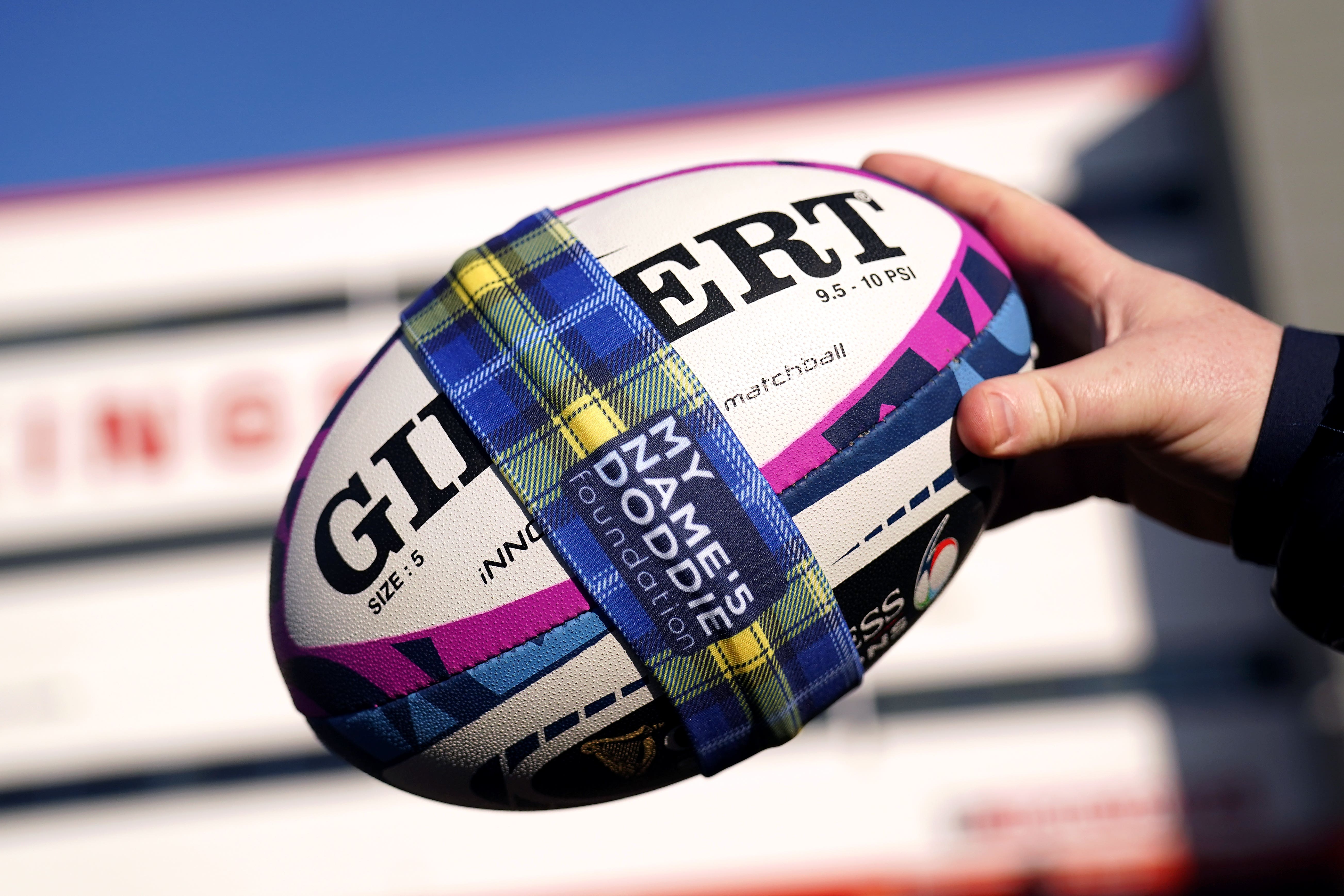 The match ball was transported by bike from Cardiff to Edinburgh as part of Doddie Aid (Jacob King/PA)