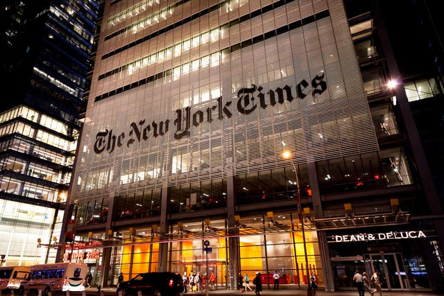 <p>New York, NY, USA - July 11, 2016: Headquarters of The New York Times in night</p>