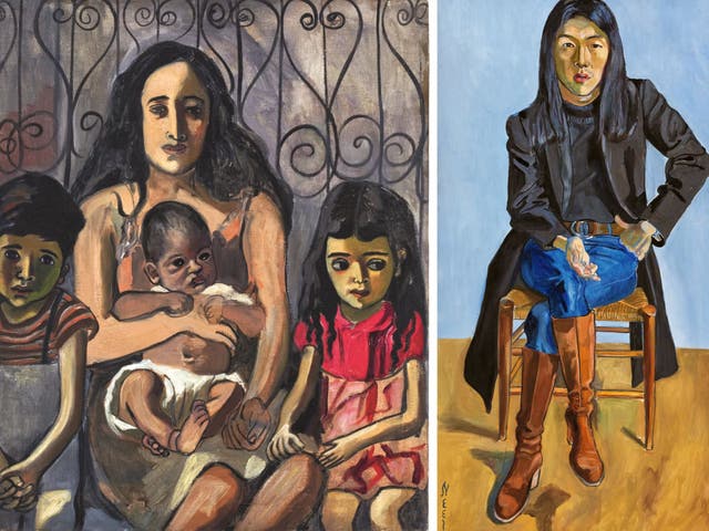 <p>Alice Neel, ‘The Spanish Family’, 1943, and ‘Ron Kajiwara’, 1971</p>