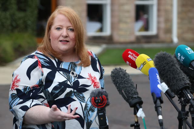 Alliance Party leader Naomi Long speaks to the media outside the Culloden Hotel in Belfast, where Prime Minister Rishi Sunak is holding talks with Stormont leaders over the Northern Ireland Protocol (Liam McBurney/PA)