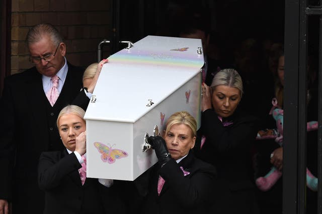 Olivia Pratt-Korbel’s coffin is carried out of St Margaret Mary’s Church in Knotty Ash, Liverpool (Peter Powell/PA)