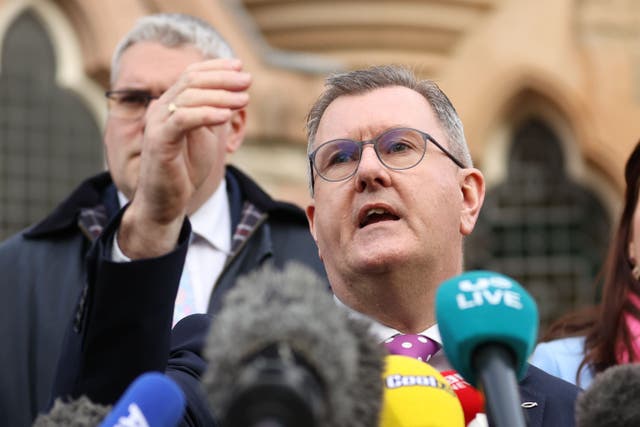 Sir Jeffrey Donaldson MP speaks to the media outside the Culloden Hotel in Belfast, after Prime Minister Rishi Sunak held talks with Stormont leaders over the Northern Ireland Protocol. Picture date: Friday February 17, 2023.