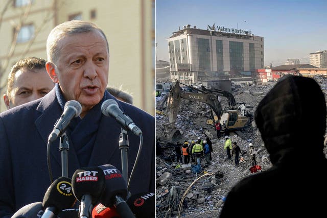 <p>President Erdogan visits a scene of devastation following the recent earthquakes </p>
