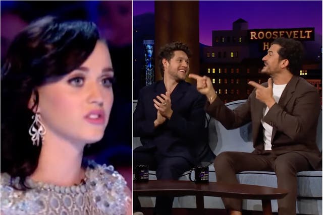 <p>Katy Perry on ‘X Factor’ (left) and Niall Horan and Orlando Bloom on ‘The Late Late Show with James Corden’</p>