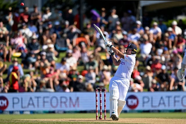 England left New Zealand chasing a formidable 394 on night three of their series opener at Mount Maunganui, after captain Ben Stokes replaced his own head coach Brendon McCullum as the leading six-hitter in Test cricket (Andrew Cornaga/AP)