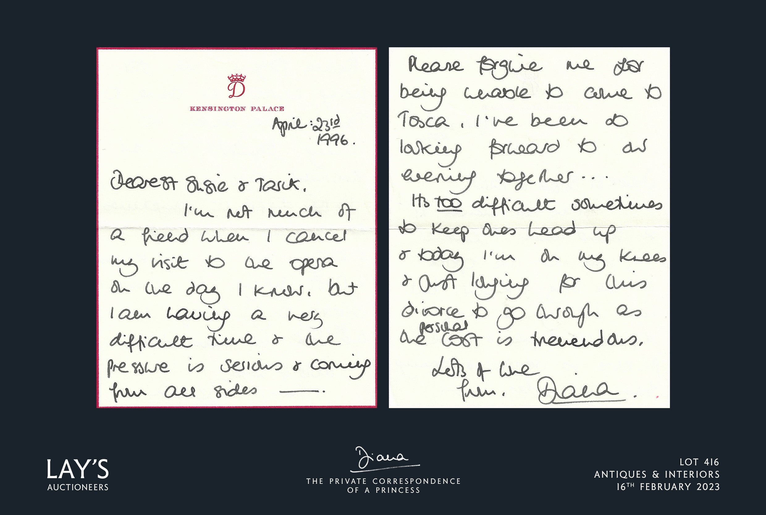 A letter from Diana to her close friends Susie and Tarek Kassem