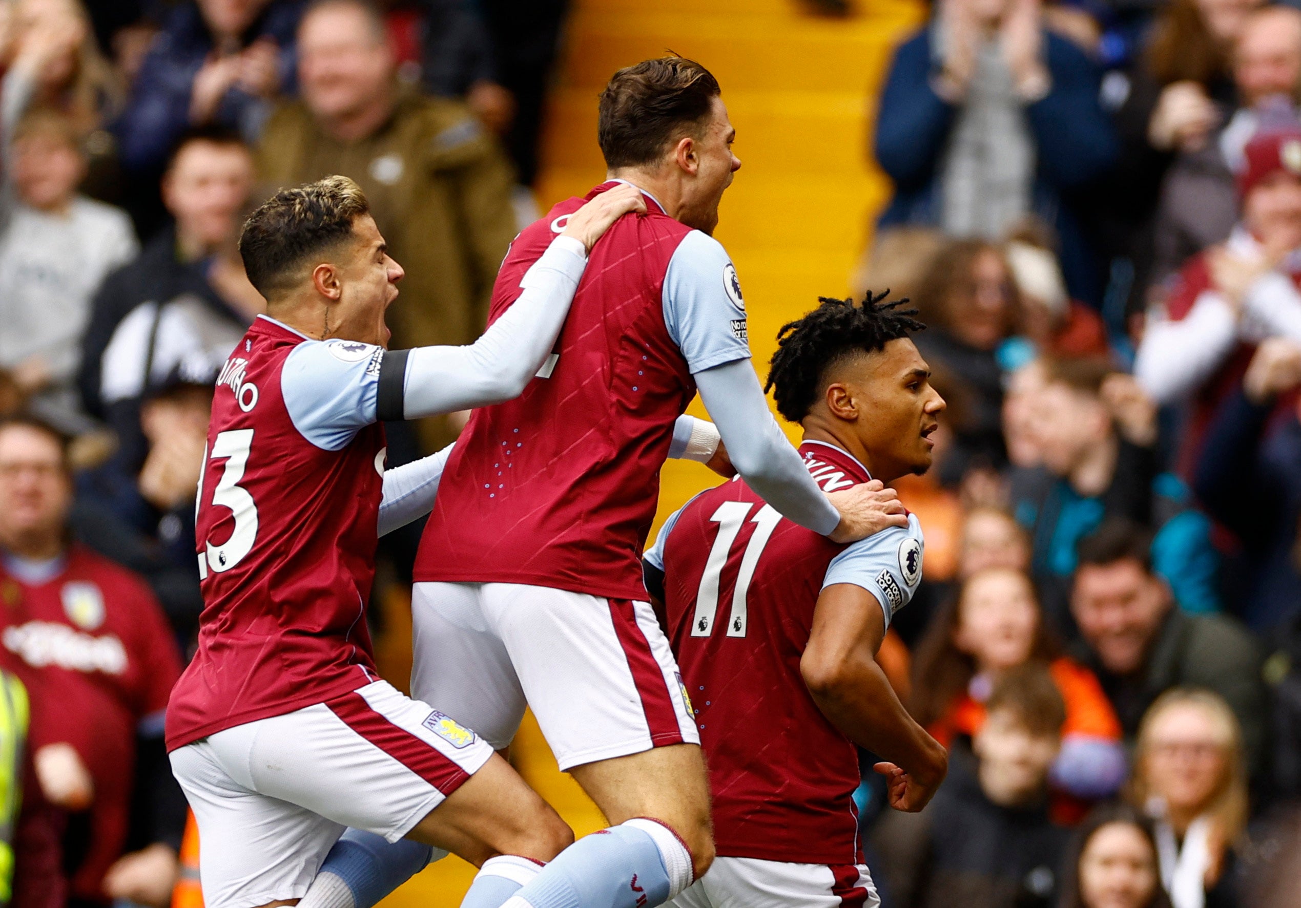Ollie Watkins celebrates scoring Villa’s first goal with his teammates