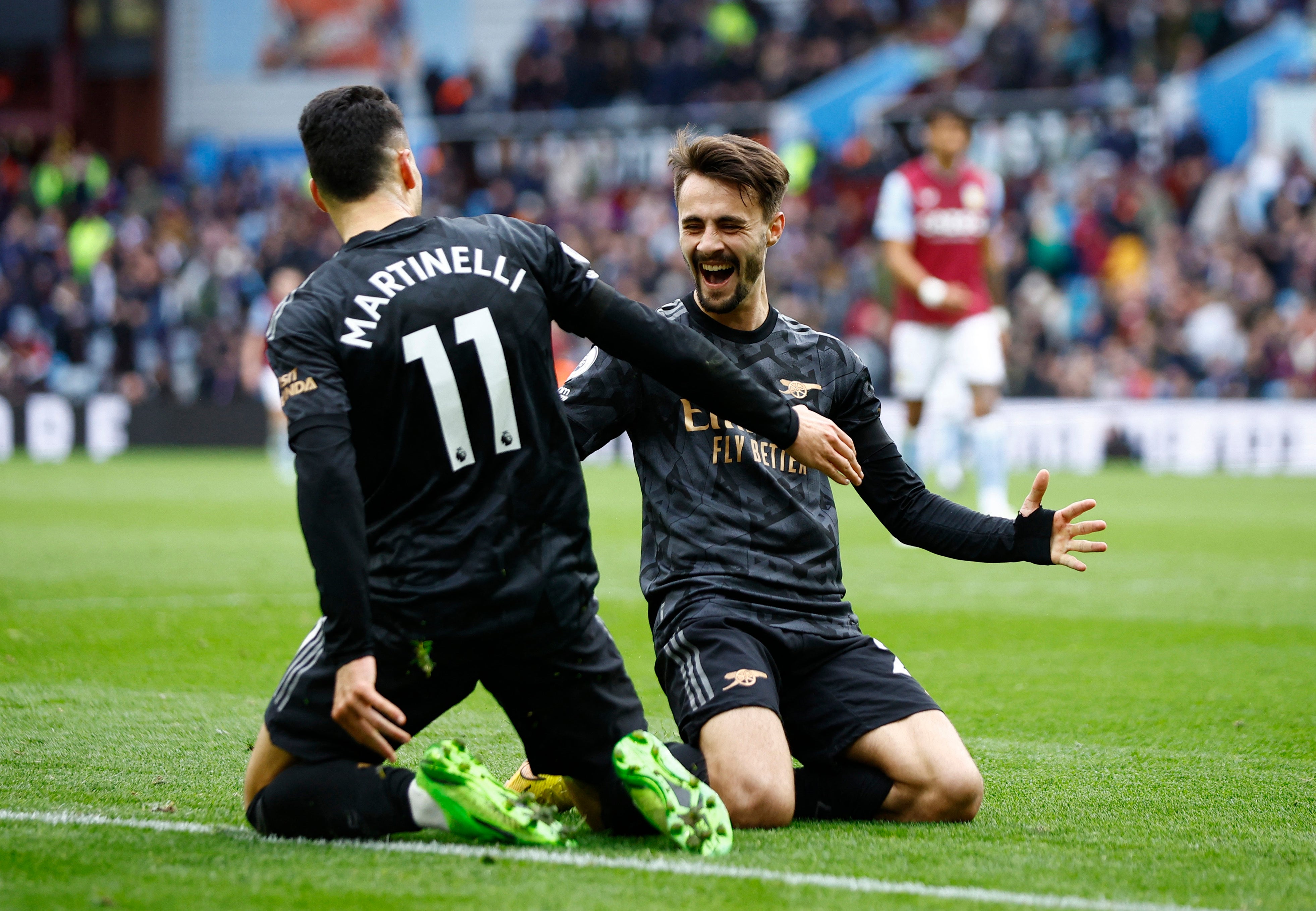 Gabriel Martinelli celebrates scoring Arsenal’s fourth with Fabio Vieira