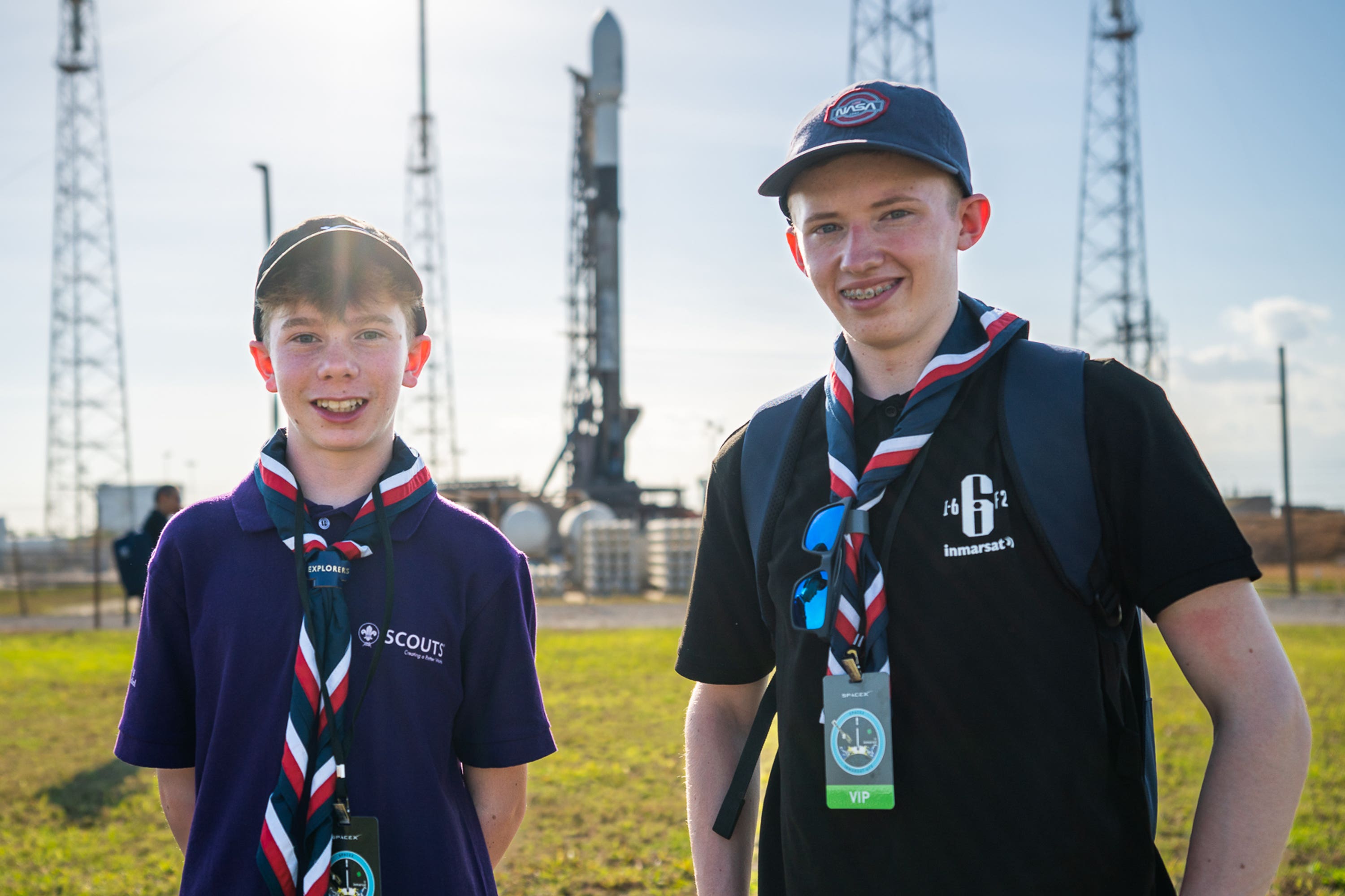 Craig Alexander, 14, from Reading and Simon Shemetilo, 16, (right) from Tower Hamlets, who had exclusive access to a space launch in Florida (Ralph Hewitt/Scouts Association/PA)