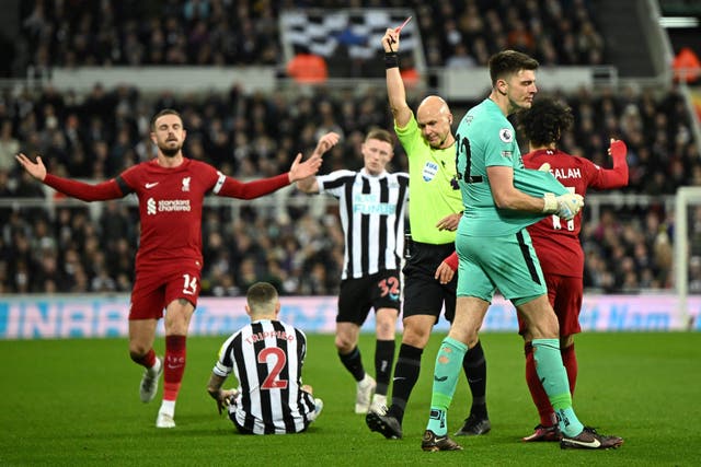 <p>Nick Pope is sent off after handling the ball outside the box</p>